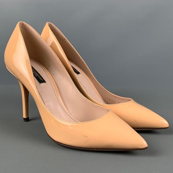 DOLCE & GABBANA Size 7 Beige Patent Leather Pointed Toe Pumps - Picture 1 of 9